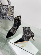 DIOR 25S POINTED-TOE ANKLE BOOTS 50 MM IN BLACK MESH TULLE AND SUEDE