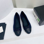 CHANEL ballet flat dark blue tweed black grosgrain