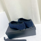 CHANEL ballet flat dark blue tweed black grosgrain