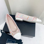 CHANEL ballet flat pink red white tweed grosgrain