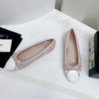 CHANEL ballet flat pink red white tweed grosgrain