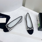 CHANEL ballet flat white black tweed grosgrain