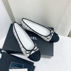 CHANEL ballet flat white black tweed grosgrain