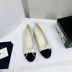 CHANEL ballet flat white black lambskin grosgrain