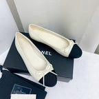 CHANEL ballet flat white black lambskin grosgrain