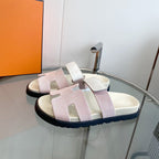 HERMES Chypre Canvas Sandal White Pink Leather