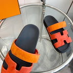 HERMES Chypre Sandal Suede Red Chapas / Orange