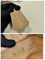 PRADA BUCKET BAG 19 IN BEIGE RE-NYLON AND SAFFIANO LEATHER HANDLE