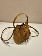 PRADA BUCKET BAG 19 IN RUSSET BROWN RE-NYLON AND CALFSKIN HANDLE