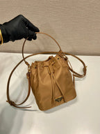 PRADA BUCKET BAG 19 IN RUSSET BROWN RE-NYLON AND CALFSKIN HANDLE
