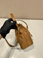 PRADA BUCKET BAG 19 IN RUSSET BROWN RE-NYLON AND CALFSKIN HANDLE