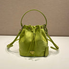 PRADA BUCKET BAG 19 IN APPLE GREEN RE-NYLON AND SAFFIANO LEATHER HANDLE