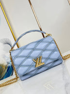 LOUIS VUITTON GO-14 MM 23 IN LIGHT BLUE GRAY QUILTED LAMBSKIN GOLD HARDWARE