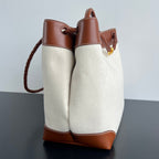 BOTTEGA VENETA LARGE ANDIAMO 42 IN WHITE BROWN CALFSKIN AND CANVAS