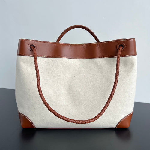 BOTTEGA VENETA LARGE ANDIAMO 42 IN WHITE BROWN CALFSKIN AND CANVAS
