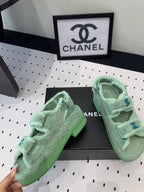 CHANEL DAD SANDALS PLATFORM IN MINT GREEN FUR