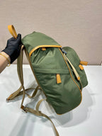 PRADA BACKPACK 45 IN SEAWEED GREEN RE-NYLON AND BROWN CALFSKIN TRIM