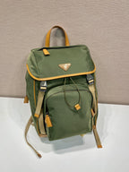PRADA BACKPACK 45 IN SEAWEED GREEN RE-NYLON AND BROWN CALFSKIN TRIM