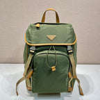 PRADA BACKPACK 45 IN SEAWEED GREEN RE-NYLON AND BROWN CALFSKIN TRIM