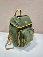 PRADA BACKPACK 45 IN SEAWEED GREEN RE-NYLON AND BROWN CALFSKIN TRIM