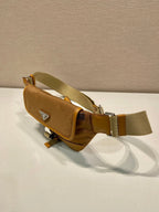 PRADA BELT BAG 18 IN SEPIA BROWN RE-NYLON AND CALFSKIN TRIM