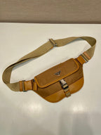 PRADA BELT BAG 18 IN SEPIA BROWN RE-NYLON AND CALFSKIN TRIM