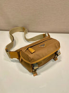 PRADA MESSENGER BAG 20 IN CIDER BROWN RE-NYLON AND CALFSKIN TRIM