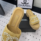 CHANEL Double  pearl platform sandals Sheepskin Fawn Yellow