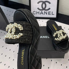 CHANEL Double  pearl platform sandals Sheepskin Black