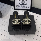 CHANEL Double  pearl platform sandals Sheepskin Black