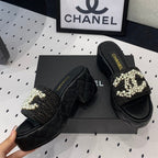 CHANEL Double  pearl platform sandals Sheepskin Black