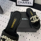 CHANEL Double  pearl platform sandals Sheepskin Black