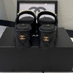 CHANEL Double  pearl platform sandals Sheepskin Black