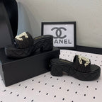 CHANEL Double  pearl platform sandals Sheepskin Black