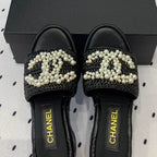 CHANEL Double  pearl platform sandals Sheepskin Black