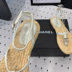 CHANEL Double  Vintage straw sandals replica designer shoe White Beige sheepskin