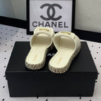 CHANEL Double  Women New Trendy Calfskin Slippers White