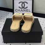 CHANEL Double  Women New Trendy Calfskin Slippers Beige Cream
