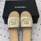 CHANEL Double  Women New Trendy Calfskin Slippers Beige Cream