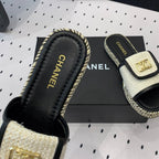 CHANEL Double  Women New Trendy Calfskin Slippers White Black