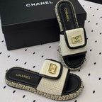 CHANEL Double  Women New Trendy Calfskin Slippers White Black