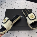 CHANEL Double  Women New Trendy Calfskin Slippers White Black