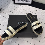 CHANEL Double  Women White Black Slippers Calfskin