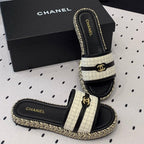 CHANEL Double  Women White Black Slippers Calfskin