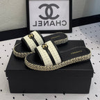 CHANEL Double  Women White Black Slippers Calfskin