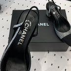 CHANEL Double  Rhinestone Slingback Sheepskin Silver Black