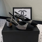 CHANEL Double  Rhinestone Slingback Sheepskin Silver Black