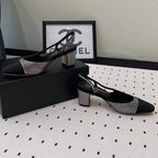 CHANEL Double  Rhinestone Slingback Sheepskin Silver Black