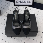 CHANEL Double  Rhinestone Slingback Sheepskin Silver Black
