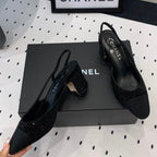 CHANEL Double  Rhinestone Slingback Sheepskin Black